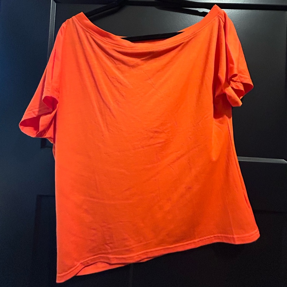 off the shoulder orange shirt